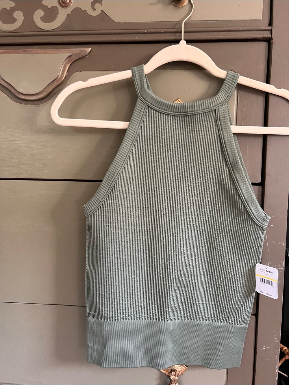 Free People Olive Sage Ribbed Halter Tank
